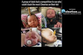 A group of dad had a competition to see who could stack the most Cheerios on their kid