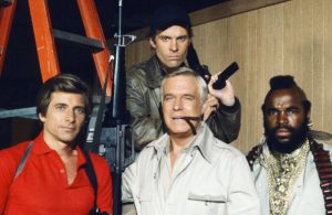 THE A-TEAM -- Pictured: (l-r front) Dirk Benedict as Templeton 'Faceman' Peck, George Peppard as John 'Hannibal' Smith, Mr. T as B.A. Baracus (back) Dwight Schultz as 'Howling Mad' Murdock -- Photo by: NBCU Photo Bank