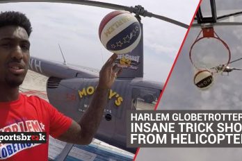 ¡La cesta imposible! Un Trotamundo de Harlem, intenta anotar desde un helicóptero… ¡A 64 metros de altura!